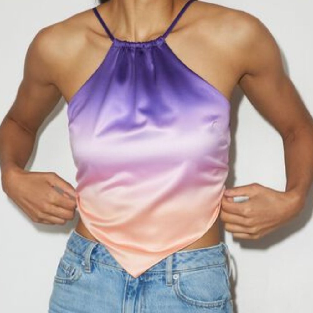 K10  Satiny purple pink peach halter w/big bow ties by Dynamite